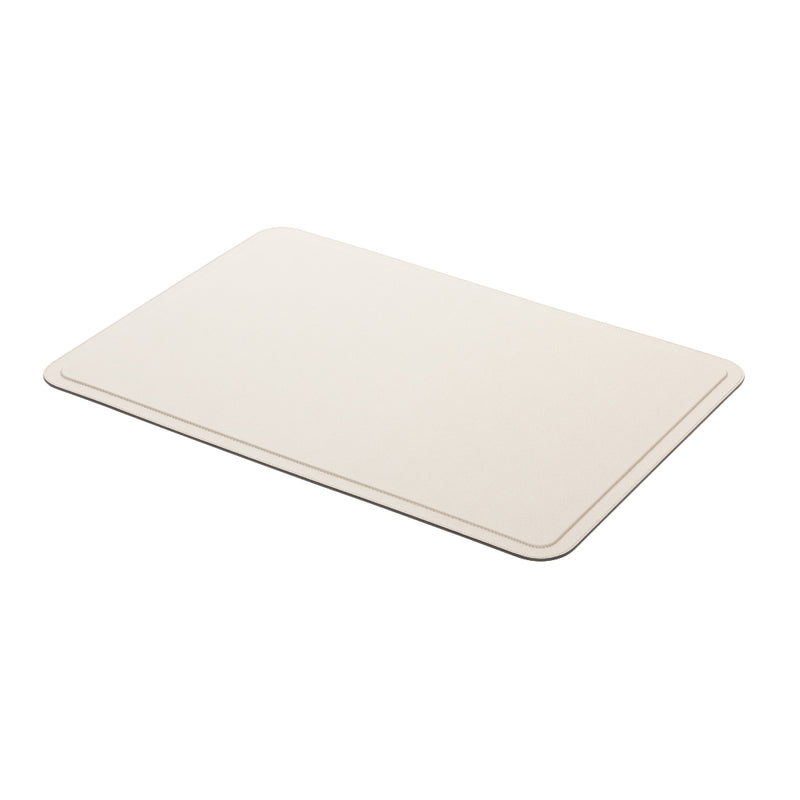 A beige leather desk blotter with minimal geometric lines design on a white background.