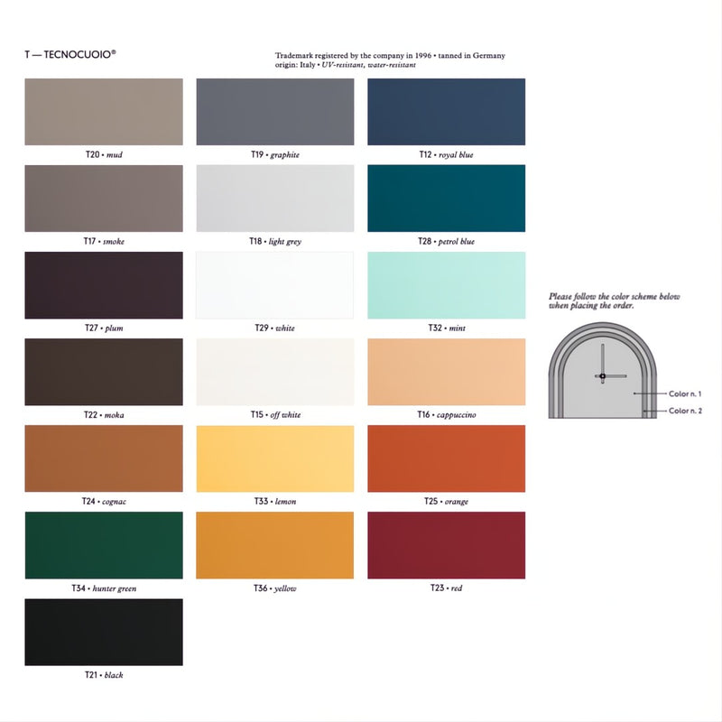 Color swatch chart with various colors and a clock illustration on a white background