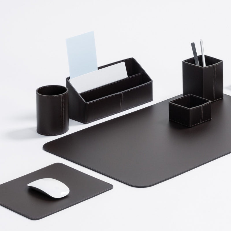 Dark brown desk organizer set by Rudi with items on a white background