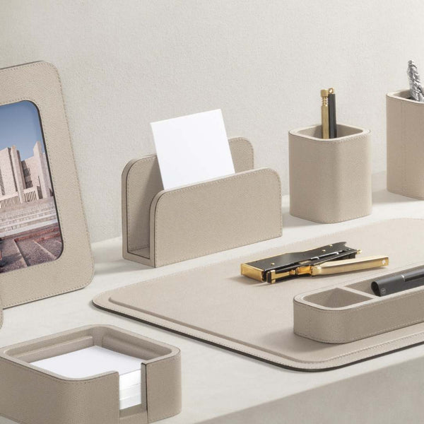 Styled modern desk with Leather Envelope Holder Polo in light beige golf leather by Giobagnara