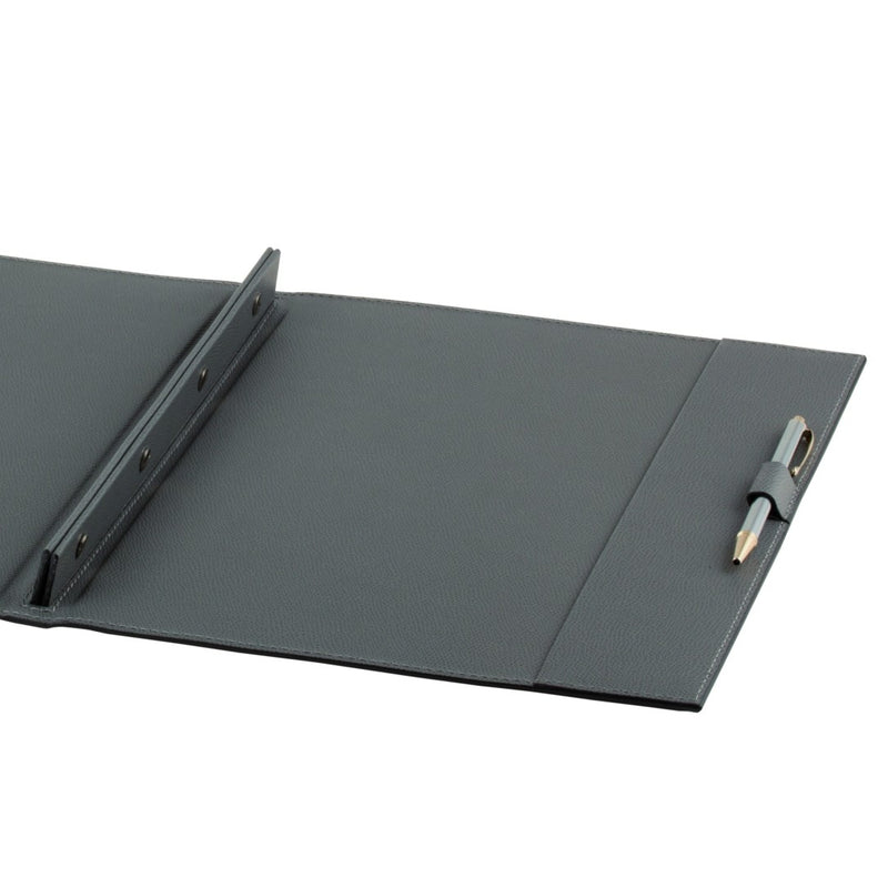 Close-up of Giobagnara A4 leather folder open flat, showing inner pockets, pen holder, and four-screw system for documents