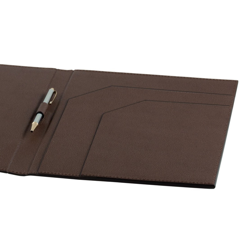 Brown leather folio with pen holder on a white background