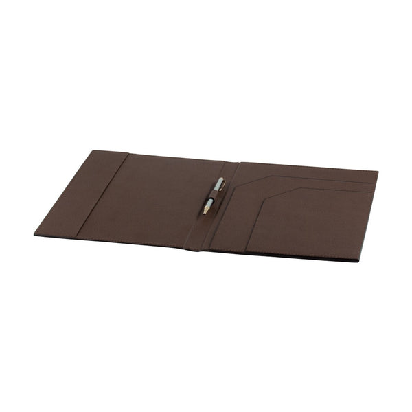 Giobagnara leather folder open flat with left card pocket, dual A4/A5 pockets, and central pen holder