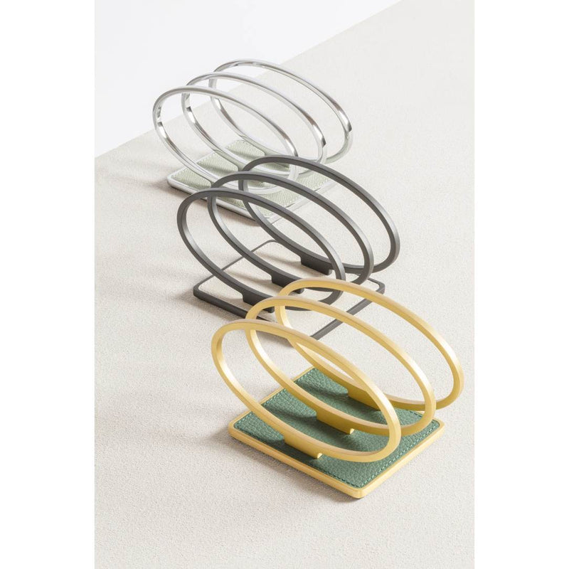 Leather Insert Wire Napkin Holder in chrome, bronze and brass finish with calfskin Golf leather base by Giobagnara.