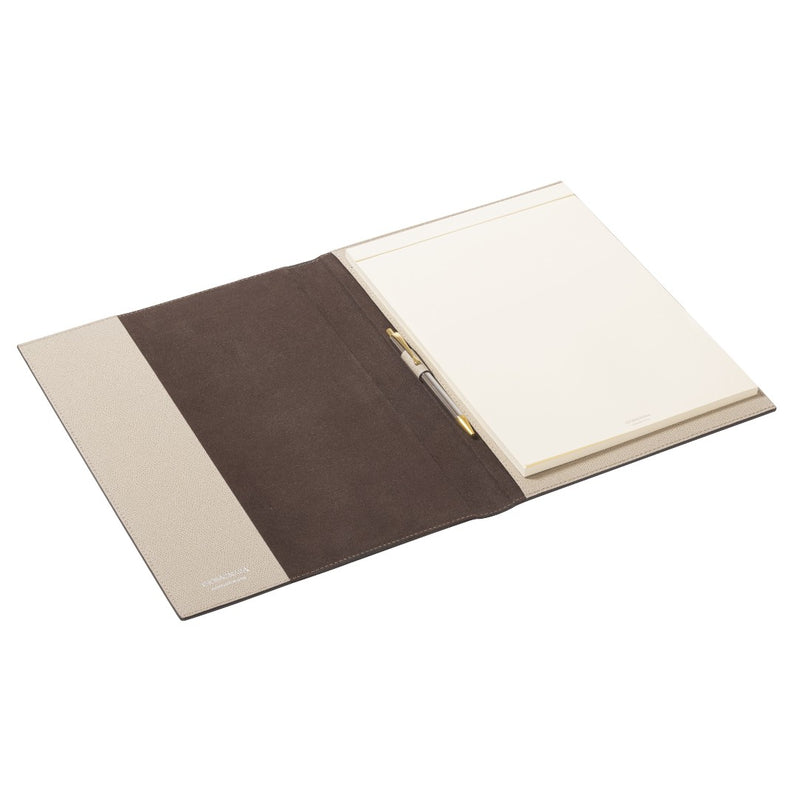 opened large ivory Giobagnara leather notepad holder with suede lining, pen holder, and ivory paper