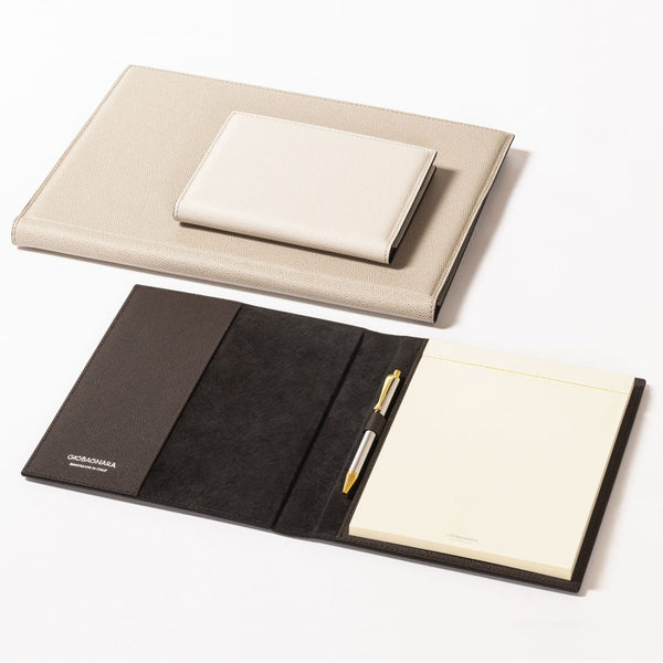 Styled Giobagnara leather notepad holder with suede lining, pen holder, and ivory paper