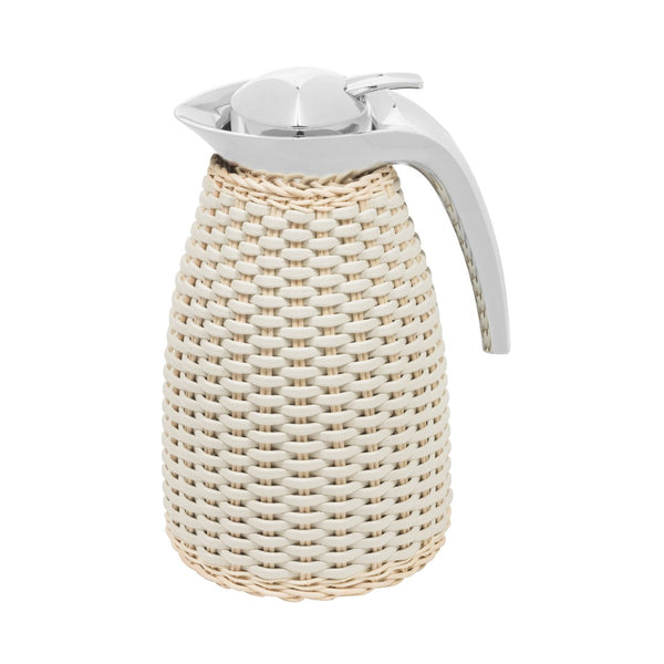 Luxury insulated carafe Arles by Pigment France x Giobagnara in stainless steel with woven leather and natural rattan – handcrafted Italian design.