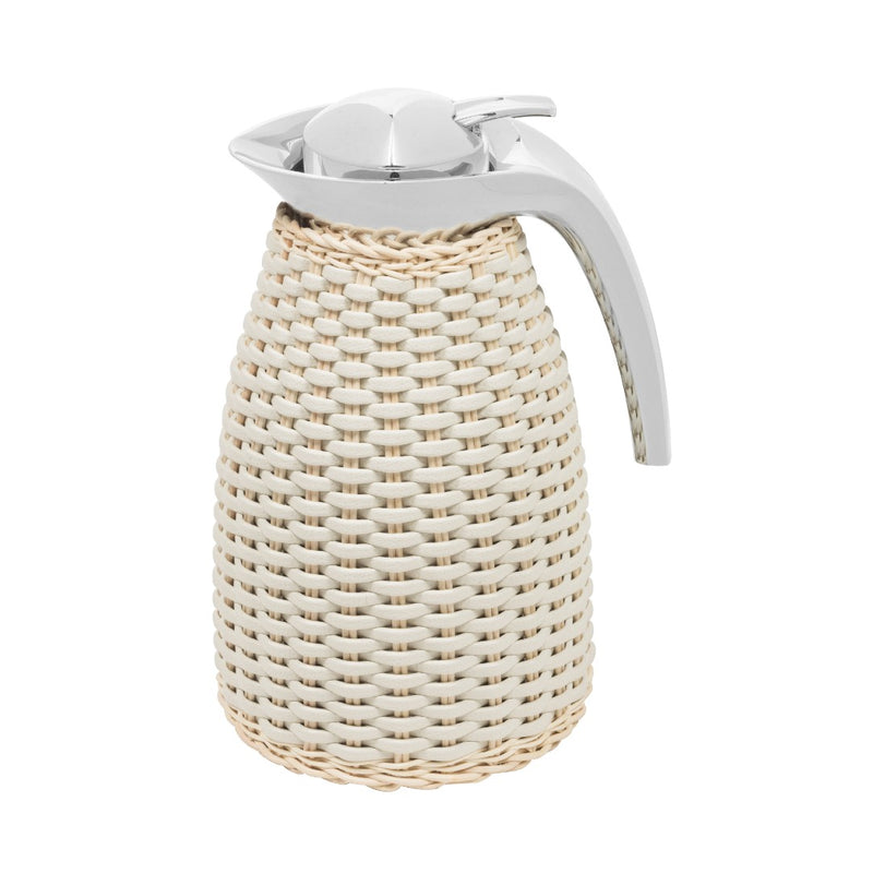 Luxury insulated carafe Arles by Pigment France x Giobagnara in stainless steel with woven leather and natural rattan – handcrafted Italian design.