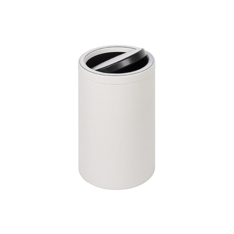 White cylindrical Leather Round Wastepaper Bin Swing by Giobagnara with tilting lid
