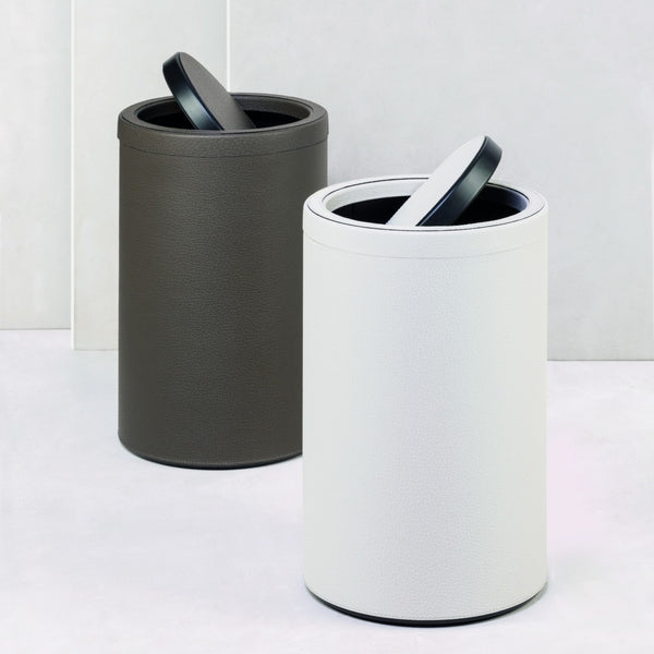 Two Leather Round Wastepaper Bins Swing by Giobagnara with tilting lid