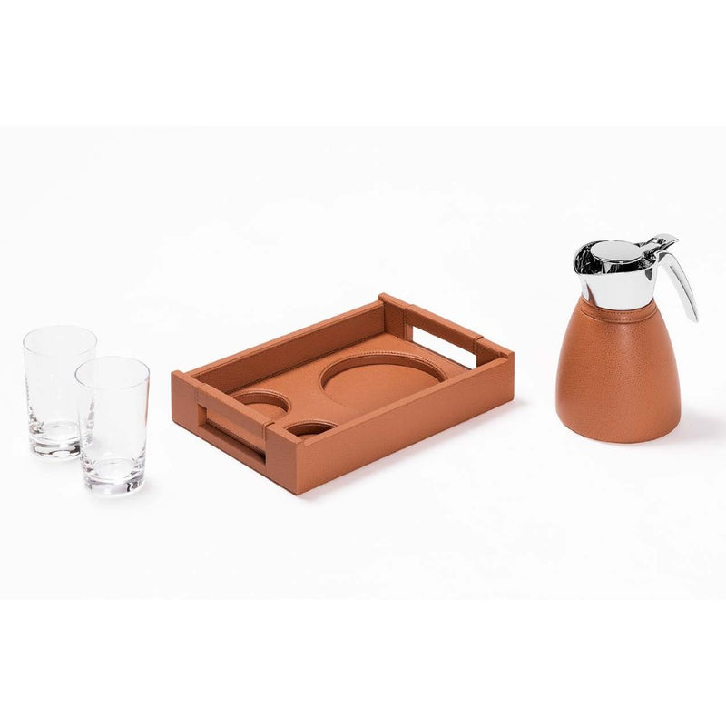 Styled Leather tray set Beaubourg with Monceau 0.6L carafe and two glasses by Pigment France in Sienna Colour