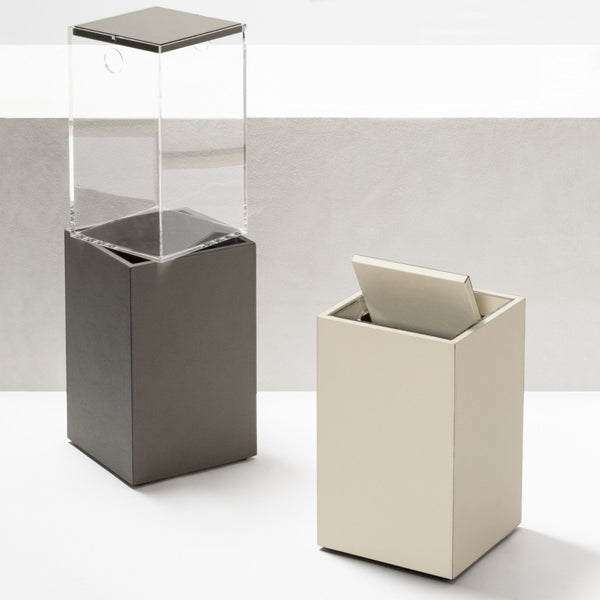 Two modern bins, one gray and one beige, on a white background.