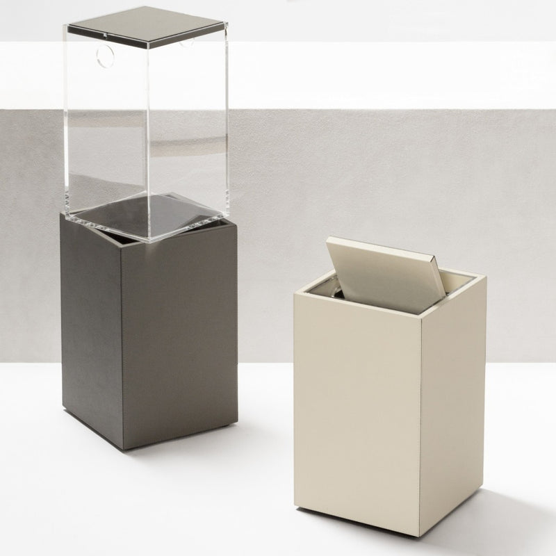 Two modern bins, one gray and one beige, on a white background.