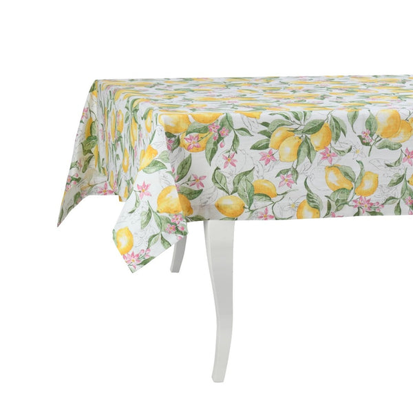 Tablecloth with lemon and floral pattern on a white background