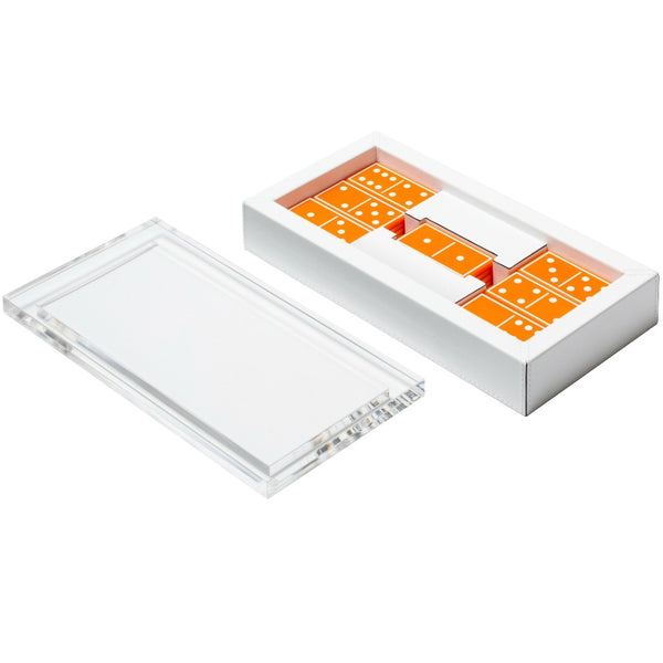 Levanto domino game set in leather case with Plexiglass lid and colorful plexiglass domino tiles by Giobagnara