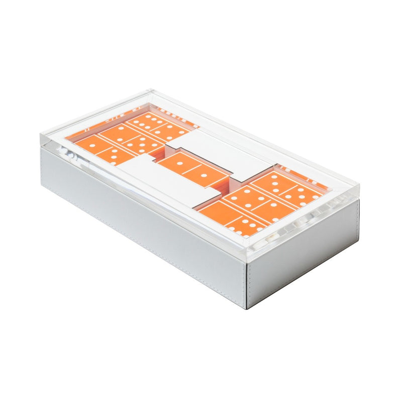 Compact Levanto domino game set in leather case with Plexiglass lid and colorful plexiglass domino tiles by Giobagnara