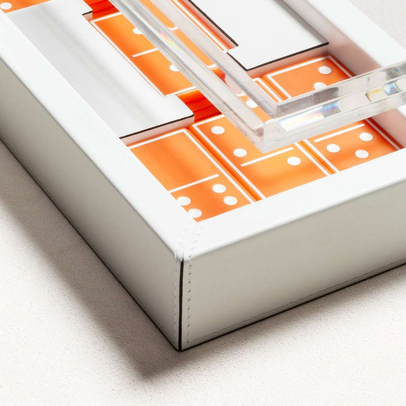 Detail of Levanto domino game set in leather case with Plexiglass lid and colorful plexiglass domino tiles by Giobagnara