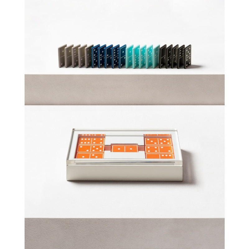 Styled Levanto domino game set in leather case with Plexiglass lid and colorful plexiglass domino tiles by Giobagnara