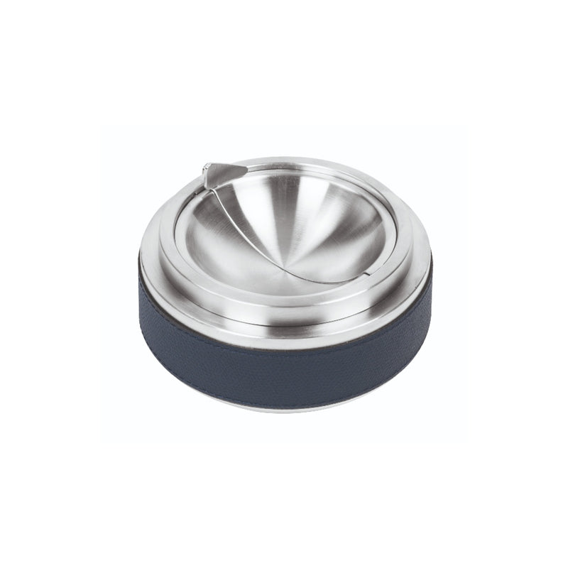 A royal blue and silver 'Libeccio' tipping ashtray by Giobagnara with a sleek, two-tone design featuring a leather base and brushed stainless steel top.