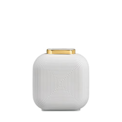 A white porcelain vase with a gold rim and a geometric pattern on the side.
