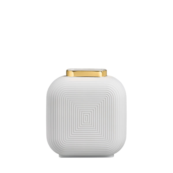A white porcelain vase with a gold rim and a geometric pattern on the side.