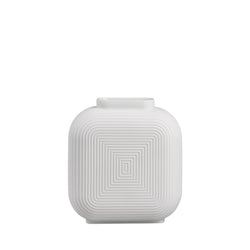 A white satin finish porcelain vase with a geometric pattern on the side, featuring a modern minimalist design.