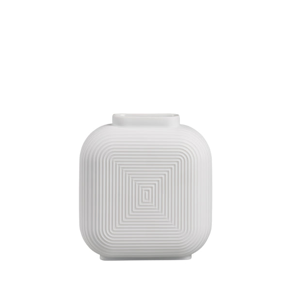 A white satin finish porcelain vase with a geometric pattern on the side, featuring a modern minimalist design.
