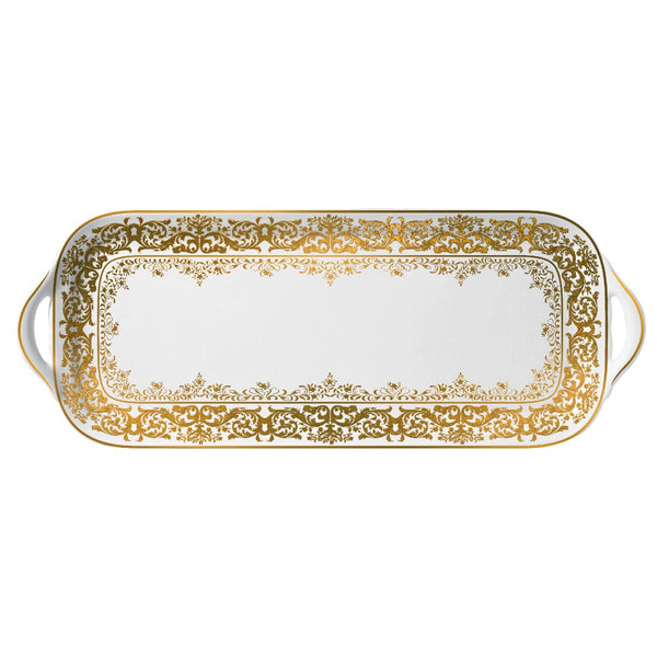 A rectangular white porcelain serving plate with gold accents and floral motifs, likely designed for serving cakes.