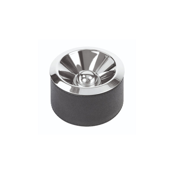 A sleek 'Lotus' ashtray with a leather-wrapped base and polished stainless steel top, with a diameter of approximately 11 cm.