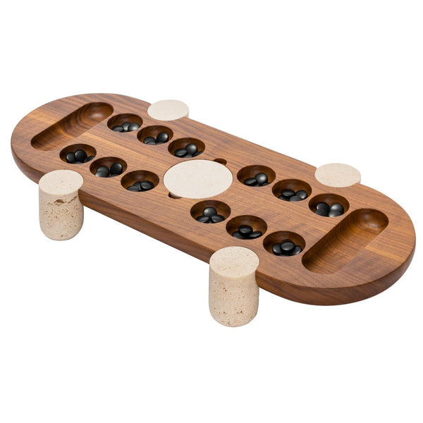 Macambo Wari game set in walnut wood with travertine marble legs and black and white Bakelite beads by Giobagnara