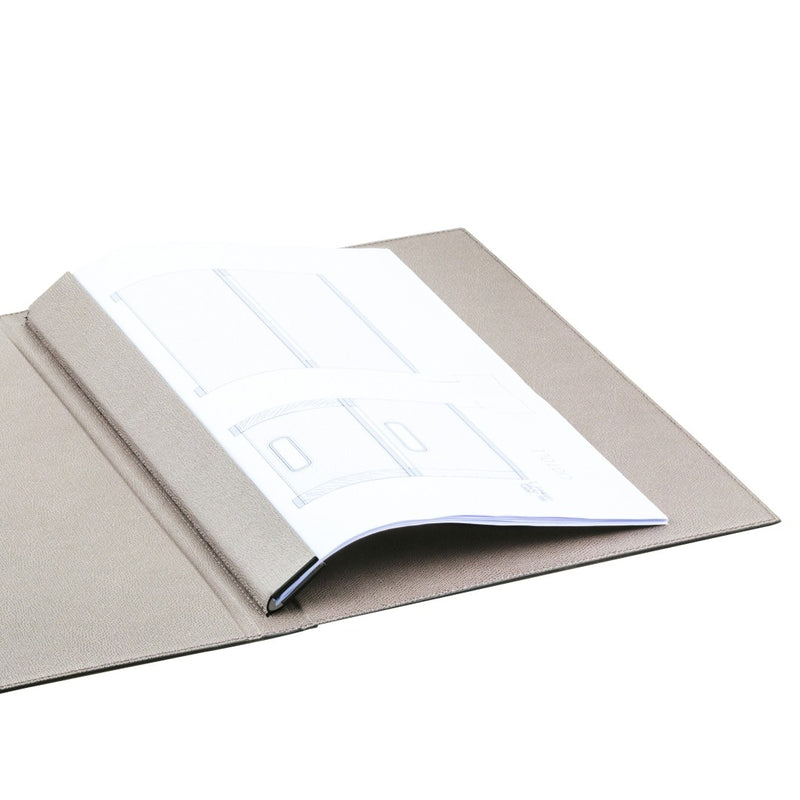 close-up Beige Giobagnara magnetic sheets holder open flat with padded leather cover and inner magnetic panel
