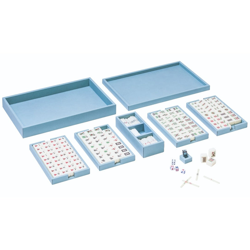 Open Mahjong Game Set in Blue Leather by Giobagnara showing bakelite tiles and sticks