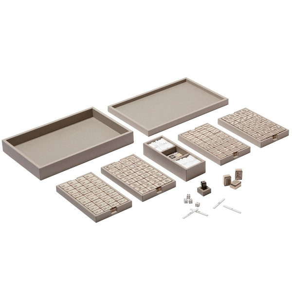 Open Mahjong Lux Game Set by Giobagnara showing walnut and maple tiles with leather inlay