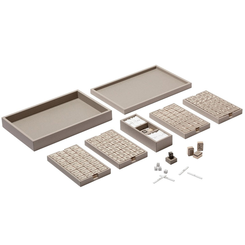 Open Mahjong Lux Game Set by Giobagnara showing walnut and maple tiles with leather inlay