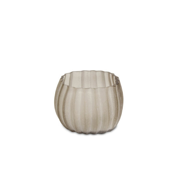 Round beige pot with ribbed texture on a white background