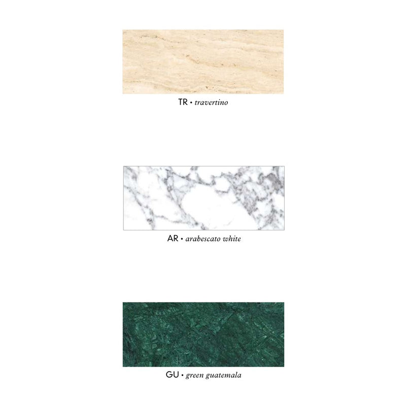 Three different marble color swatches labeled 'TR - travertino', 'AR - Arabescato White', and 'GU - Green Guatemala' on a white background.