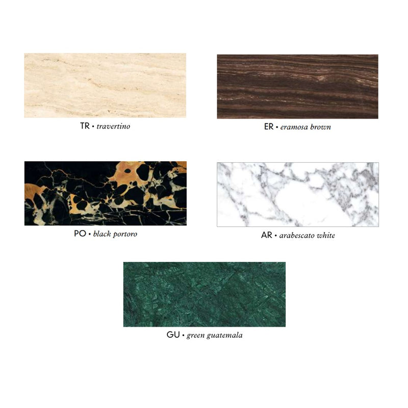 Collection of marble color swatches with labels on a white background