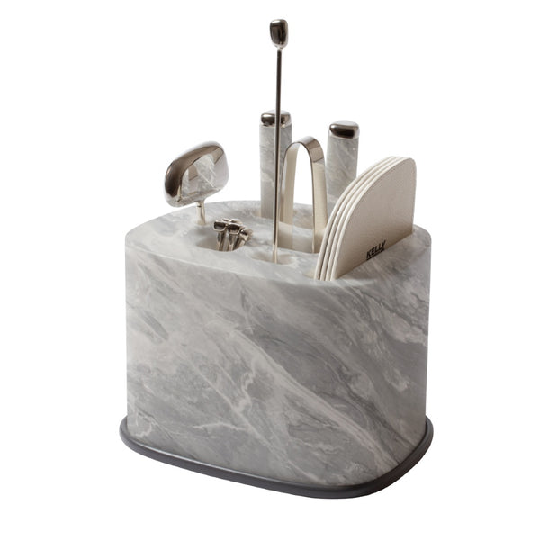 Maris bar accessories set by Kelly Wearstler x Giobagnara with marble base in Bardiglio Cloudy, stainless steel tools, and leather coasters