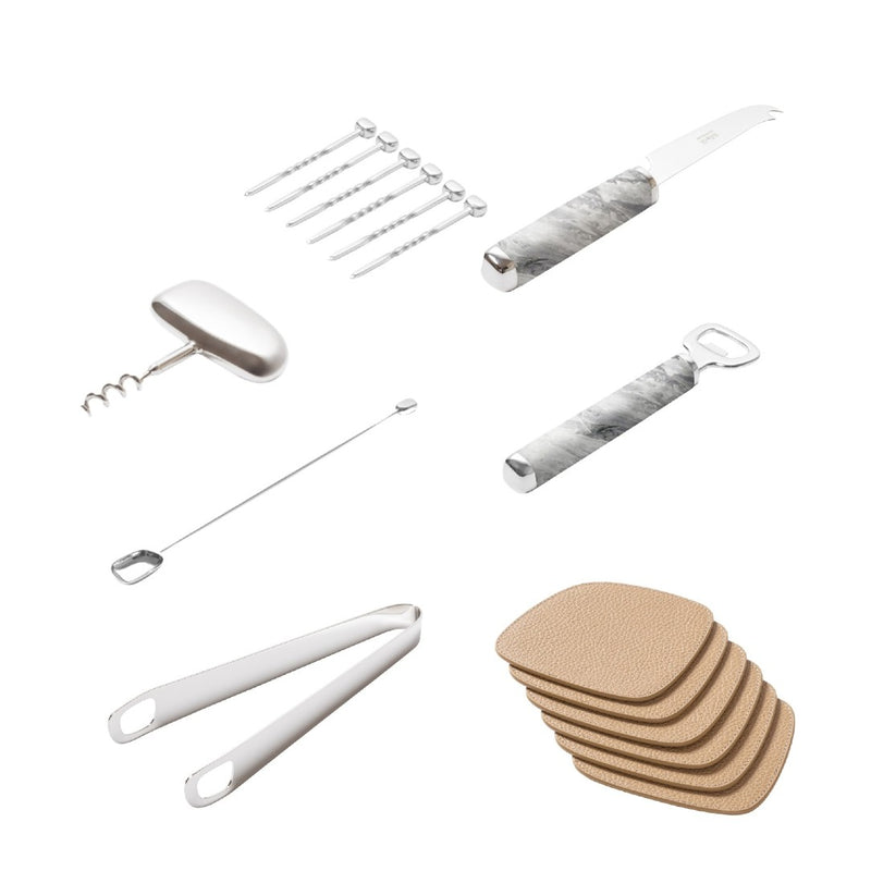 Collection of bar tools including a knife, bottle opener, and tongs on a white background