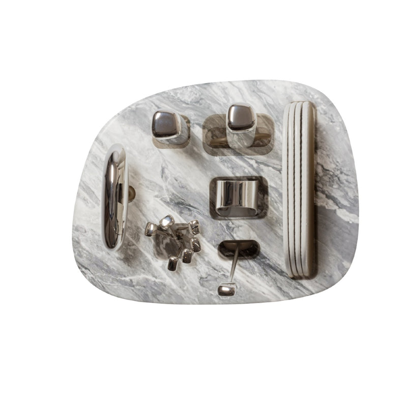 Top view of the Maris bar accessories set by Kelly Wearstler x Giobagnara with marble base in Bardiglio Cloud, stainless steel tools, and leather coasters