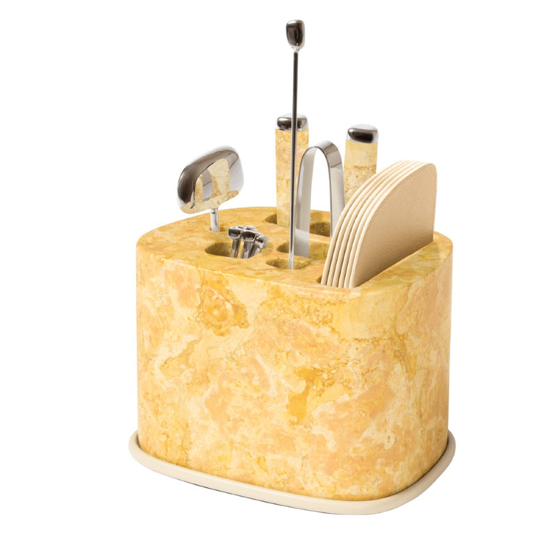 Maris bar accessories set by Kelly Wearstler x Giobagnara with marble base in Royal Yellow, stainless steel tools, and leather coasters