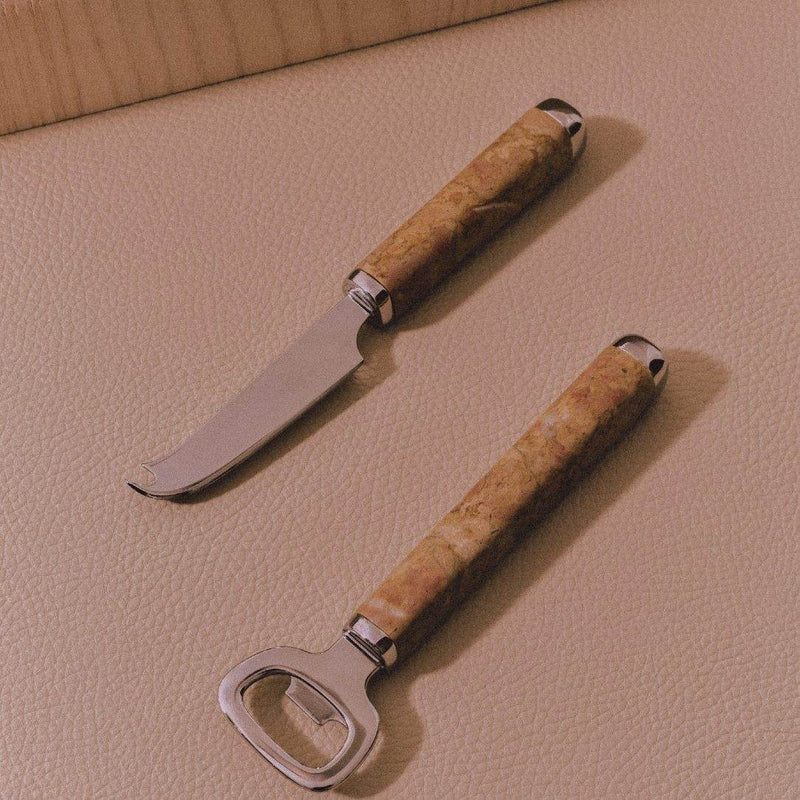 Maris Bottle Opener in stainless steel and marble by Kelly Wearstler x Giobagnara styled in Royal Yellow