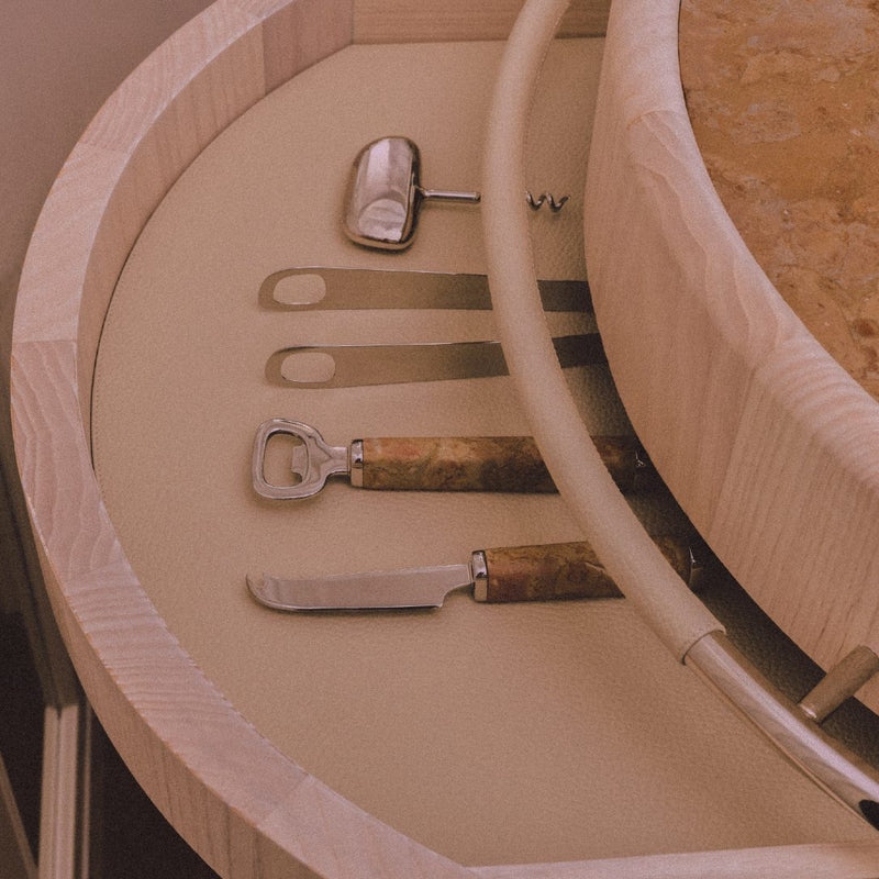 Styled bar drawer Maris Bottle Opener in stainless steel and marble by Kelly Wearstler x Giobagnara