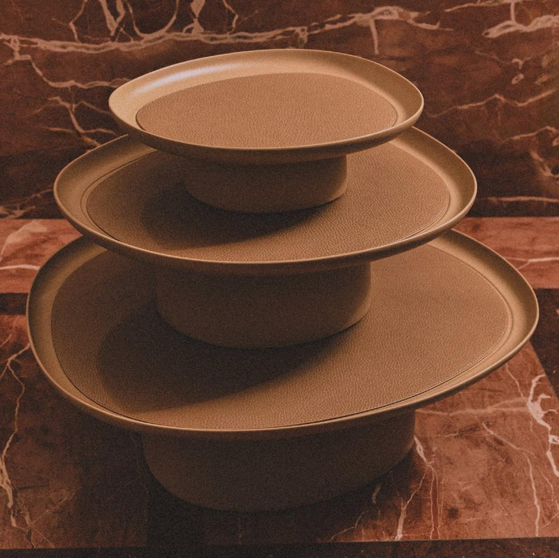 Stacked Maris large cast aluminium raised tray in brown by Kelly Wearstler x Giobagnara, handcrafted in Italy with removable leather inlay.