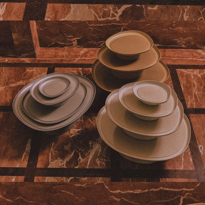 3 different stacks of 'Maris' Stackable Tray by Kelly Wearstler in different colours