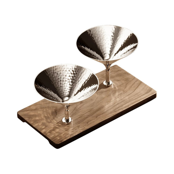 Silver-plated Martelé snackbar with two hammered bowls on a walnut base by Robbe & Berking