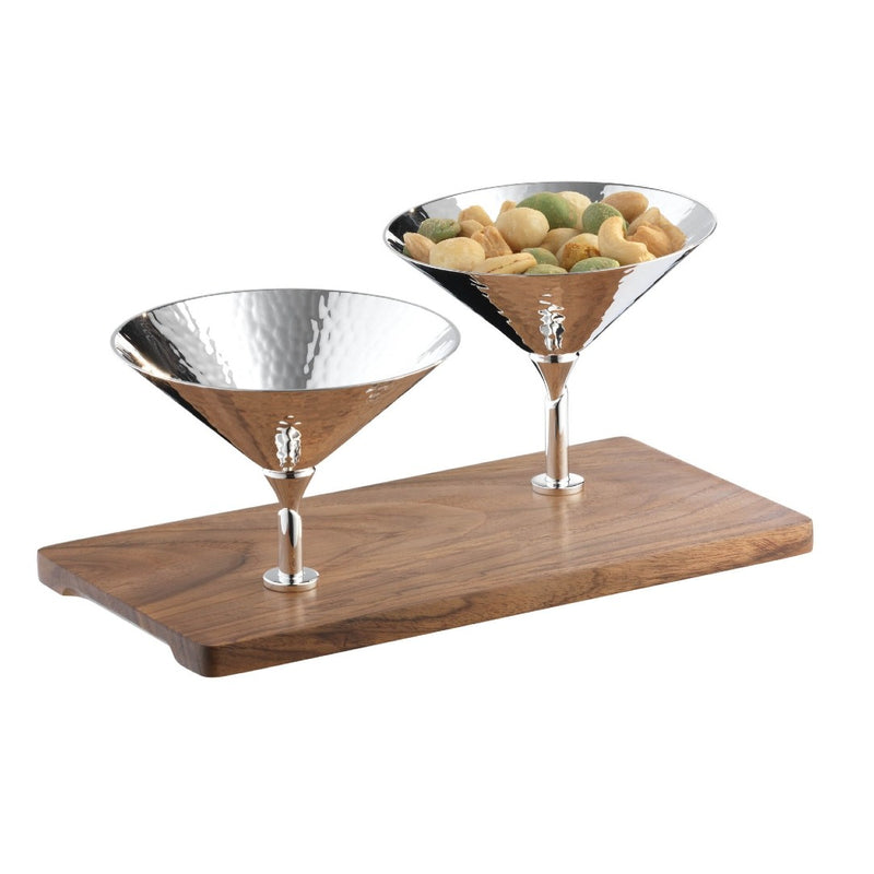 Silver-plated Martelé snackbar with two hammered bowls with snacks on a walnut base by Robbe & Berking