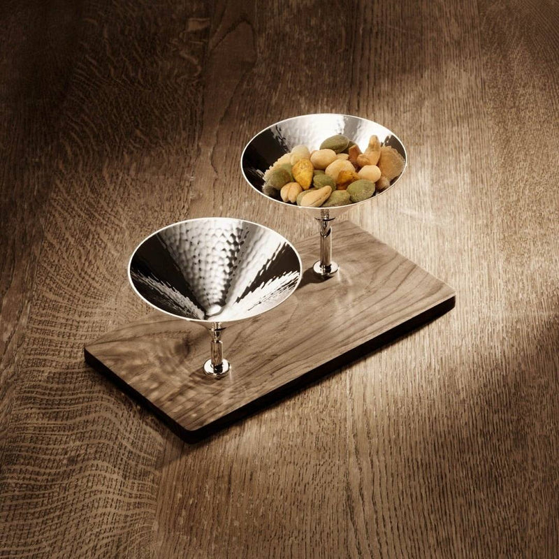 Silver-plated Martelé snackbar with two hammered bowls on a walnut base by Robbe & Berking with a wooden background