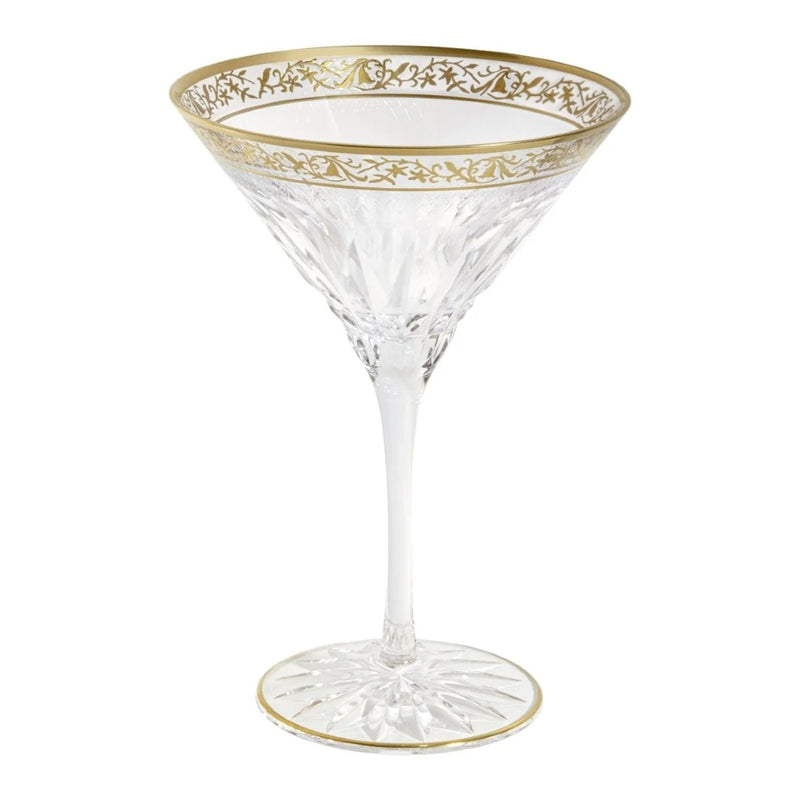 Viktoria crystal martini glass with diamond cuts and gold inlay by Cristallerie de Montbronn on a white background