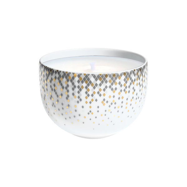 Souffle d’Or medium candle pot by Haviland—Limoges porcelain with celestial silver and matte gold supernova-inspired design.